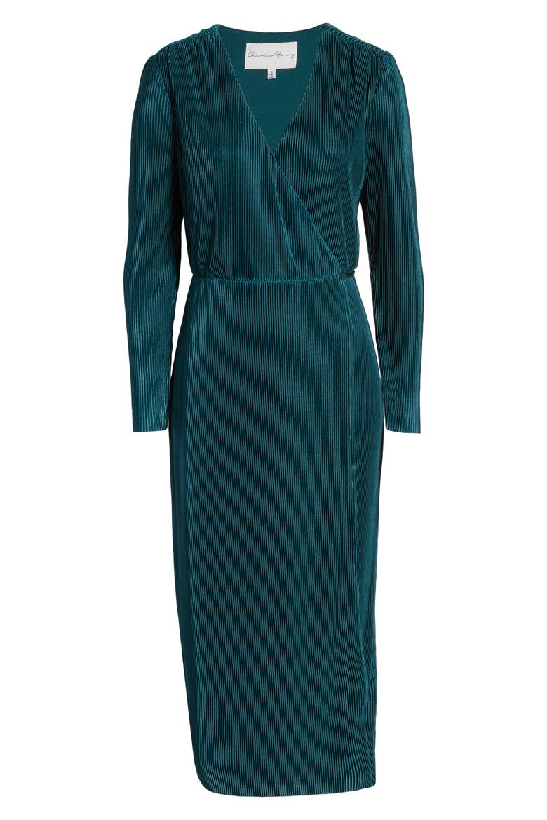 Plissè Long Sleeve Wrap Midi Dress, Alternate, color, DARK TEAL