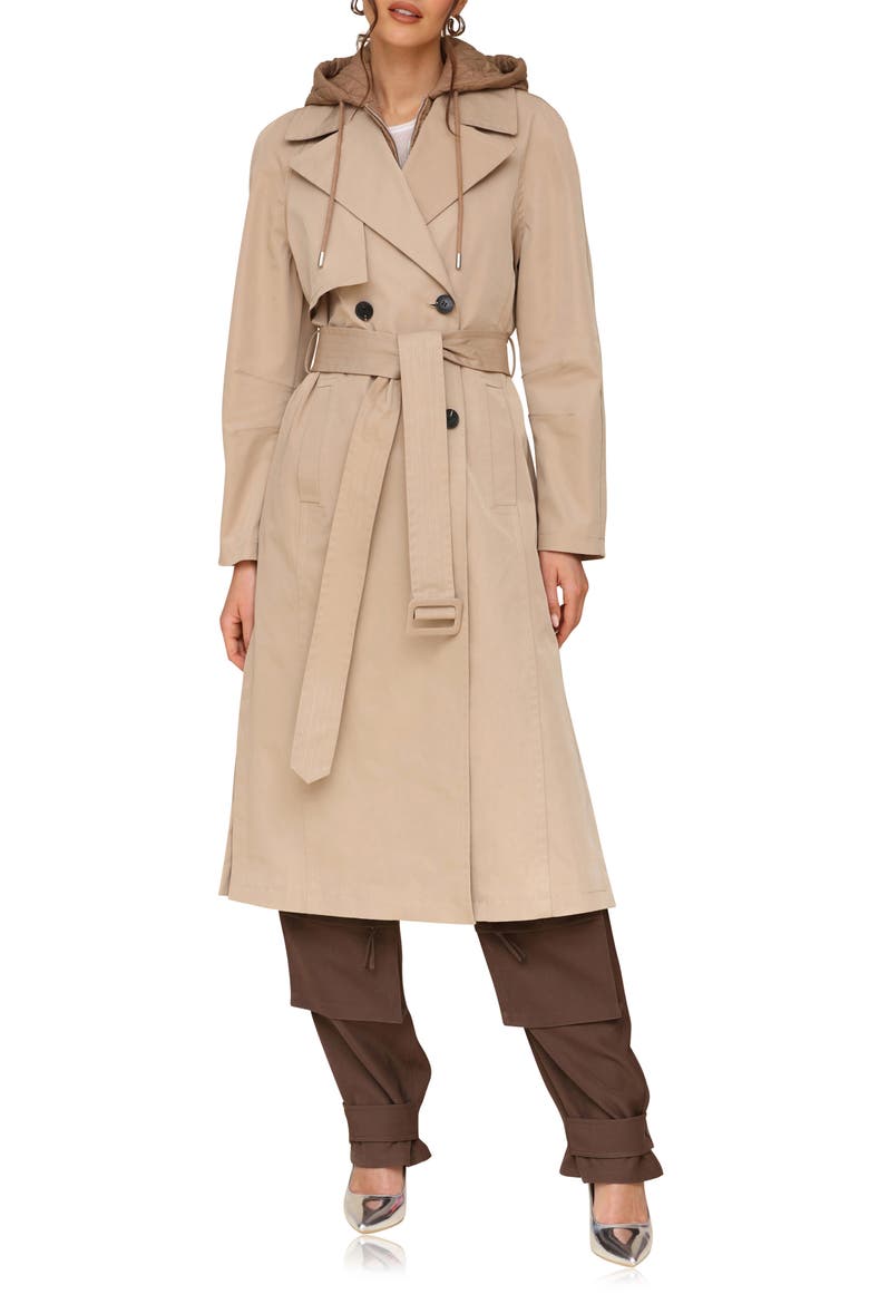 Double Breasted Trench Coat with Hooded Quilted Dickey, Main, color, KHAKI