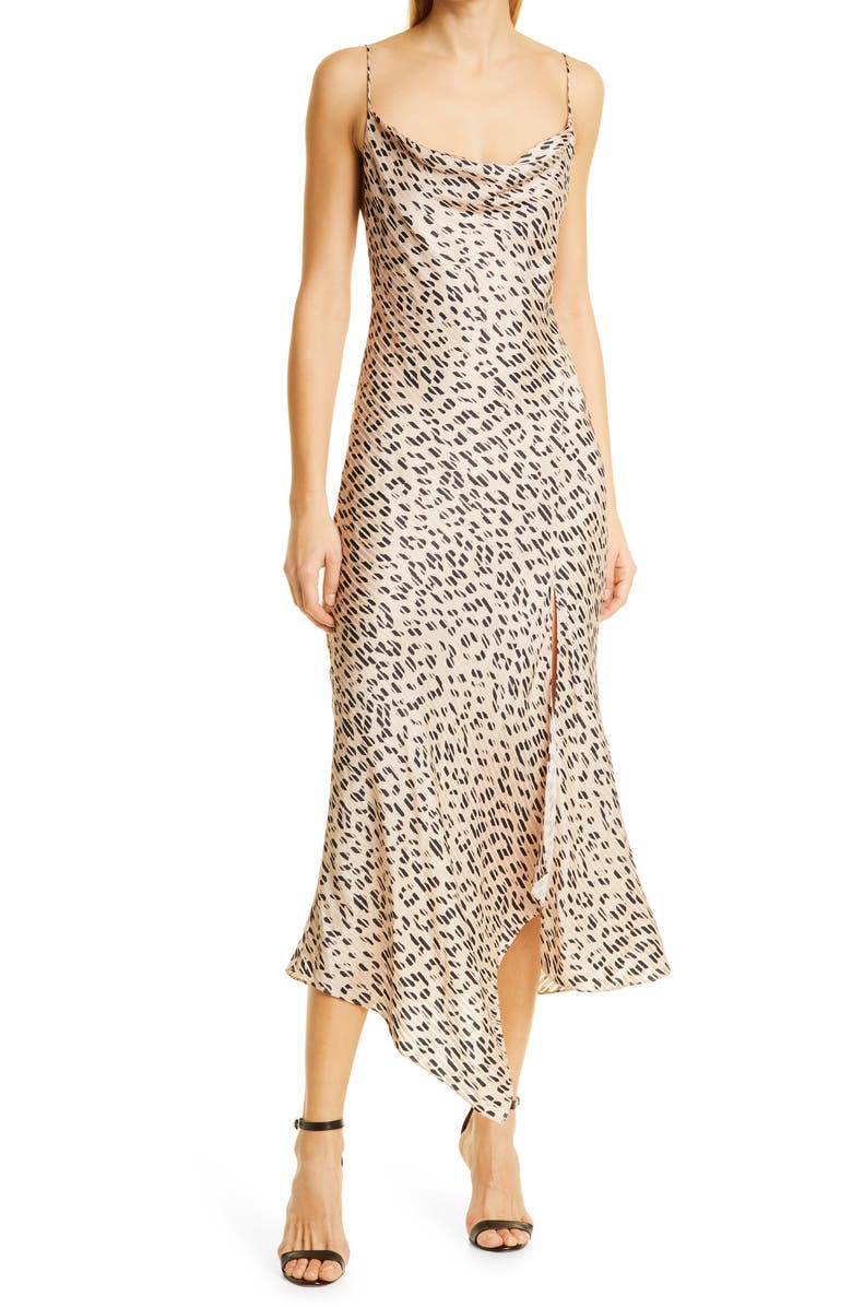 Alice + Olivia Harmony Leopard Print Asymmetric Satin Slipdress, Main, color,