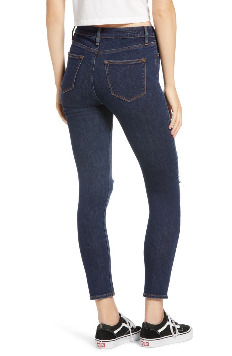A V DENIM Ace Ripped High Waist Button Front Skinny Jeans, Alternate, color, 