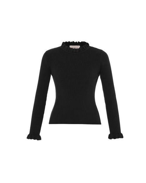 Theo The Label Women's Pallas Rib Knit Ruffle Neck Sweater - Black In Black