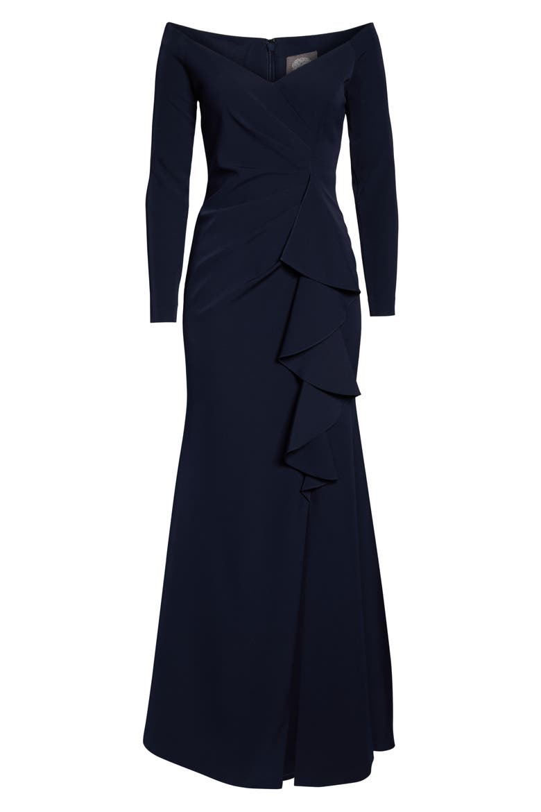 Off the Shoulder Long Sleeve Evening Gown, Alternate, color, NAVY