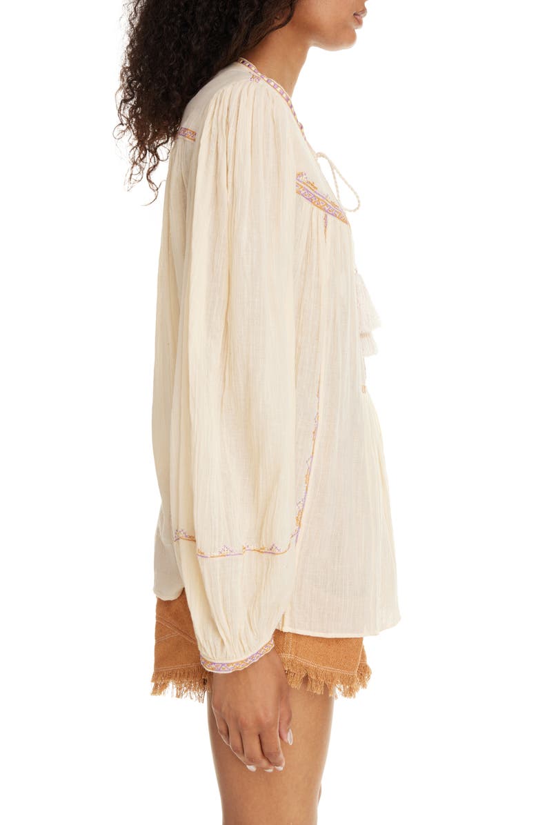 Isabel Marant Étoile Silekia Embroidered Tassel Tie Cotton Top, Alternate, color, Sunlight