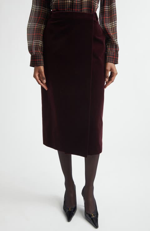 Velveteen Faux Wrap Midi Skirt