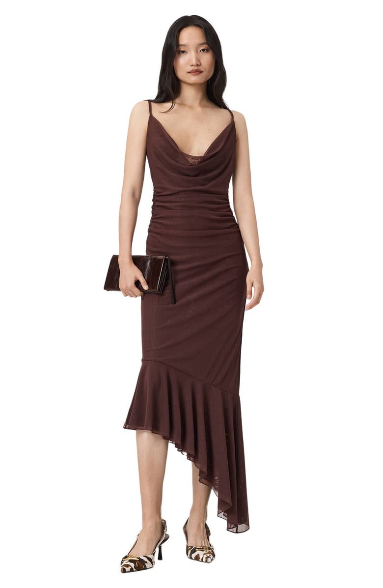 AllSaints Bea Asymmetric Hem Mesh Midi Dress, Alternate, color, Bitter Brown