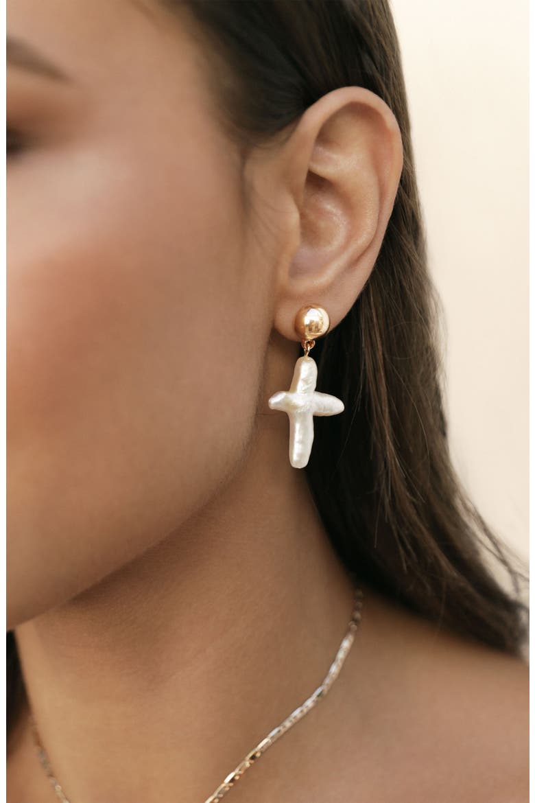 Freshwater Pearl Cross Drop Earrings, Alternate, color, GOLD