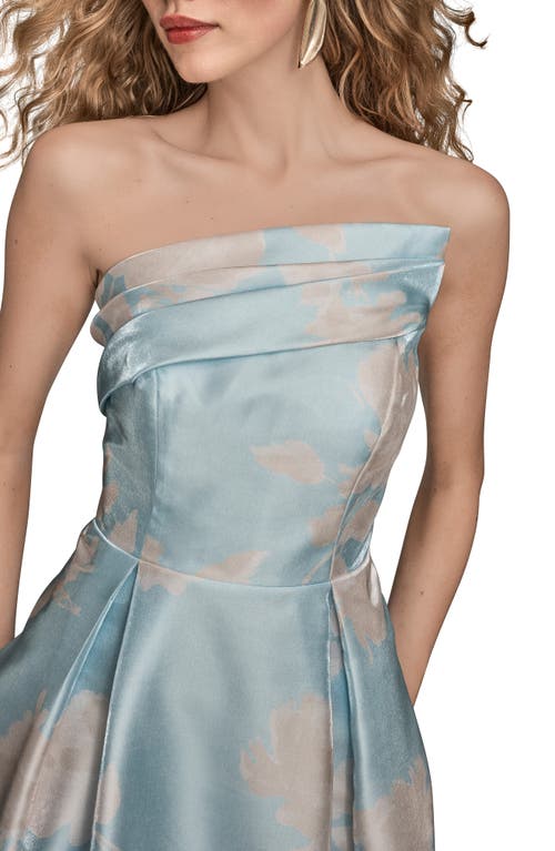 Donna Karan New York Floral Print Strapless Satin Gown In Blue