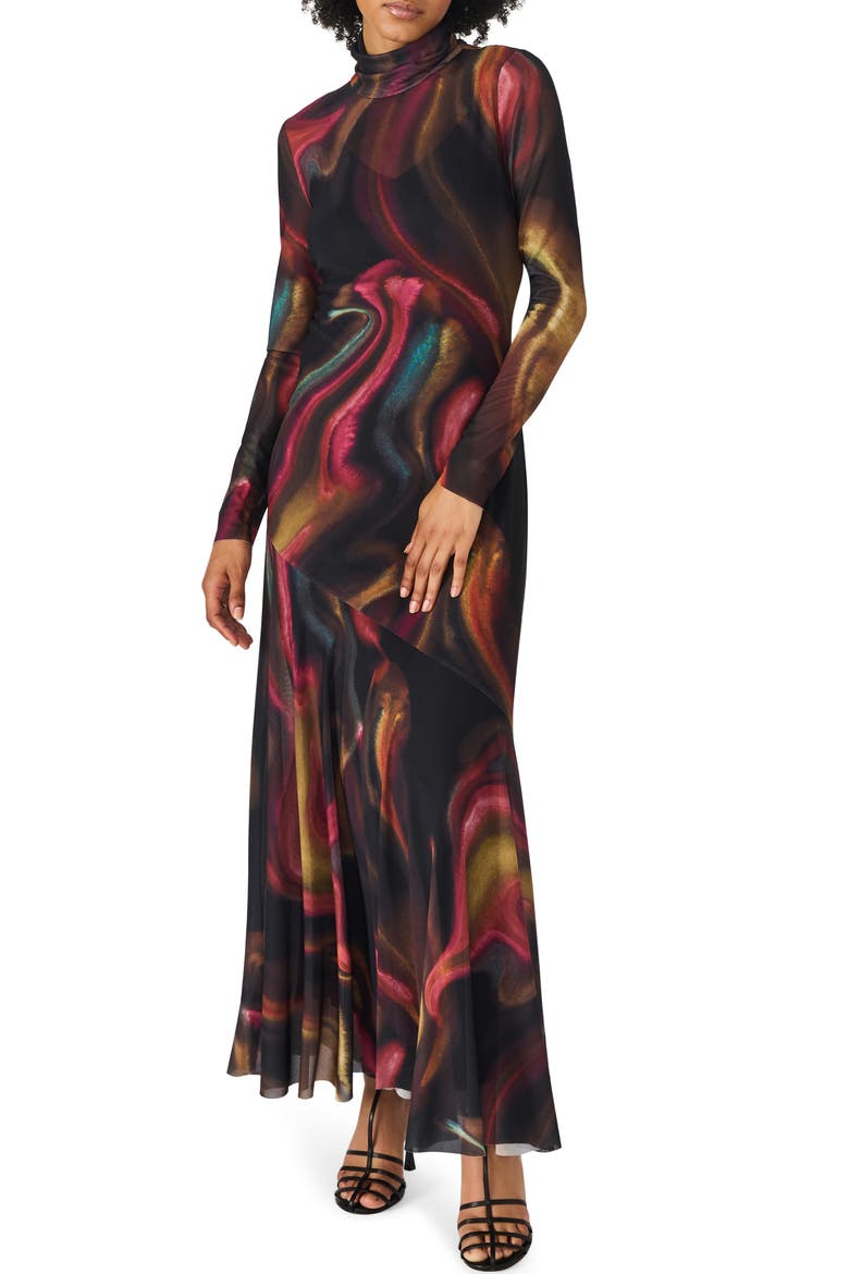 Vivara Printed Long Sleeve Mesh Maxi Dress, Main, color, FADED INK