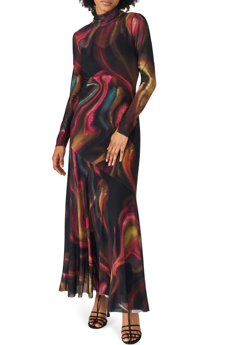 Steve Madden Vivara Printed Long Sleeve Mesh Maxi Dress, Main, color, Mystic Fade