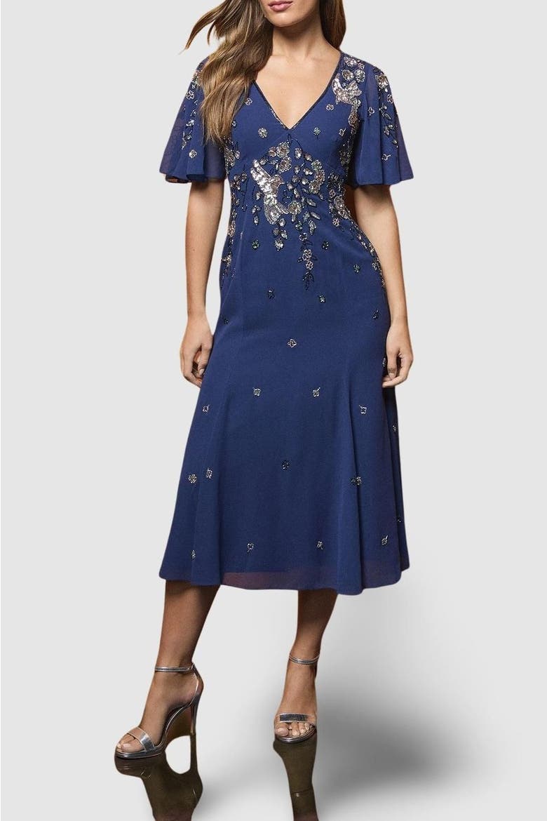 Floral Embellished Midi Dress, Alternate, color, Blue