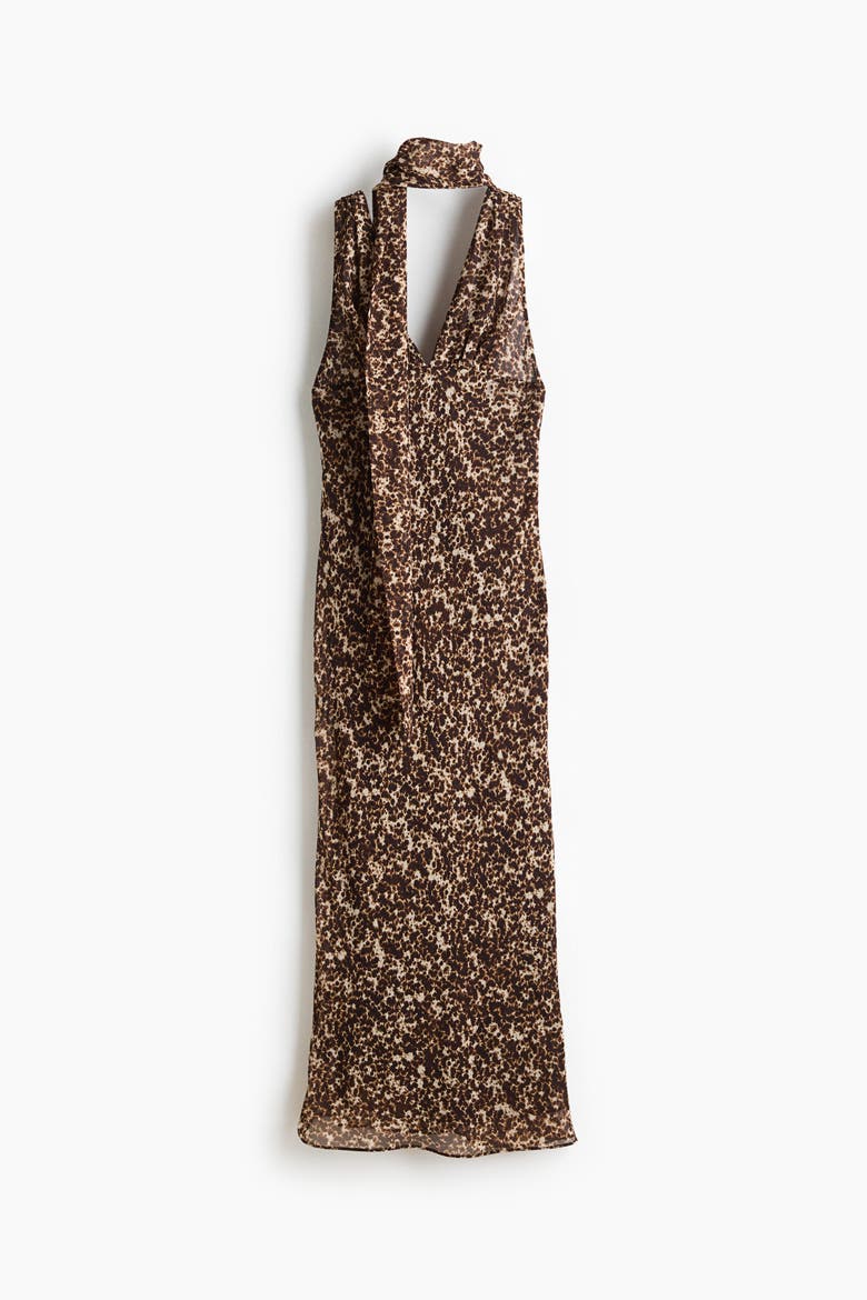 Scarf-detail Chiffon Dress, Alternate, color, Dark brown/patterned