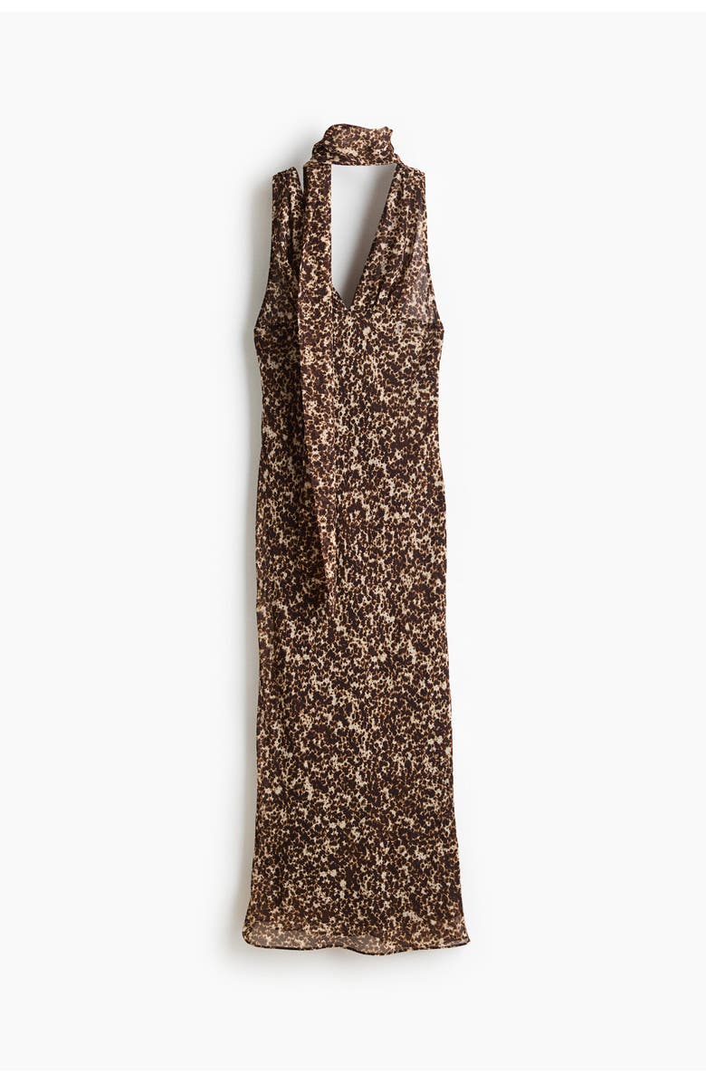 H&M Scarf-detail Chiffon Dress, Main, color, Dark Brown/Patterned
