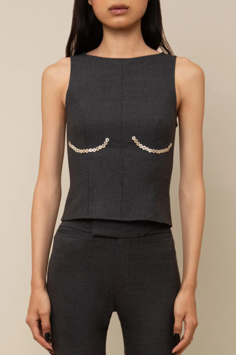 Cora Elegant Textured Twill Boatneck with Shell Buttons Top, Alternate, color, Charcoal