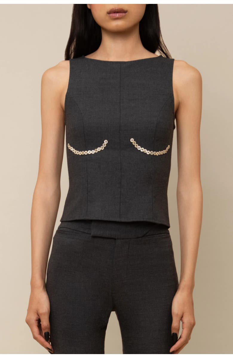 Contessa Mills Cora Elegant Textured Twill Boatneck with Shell Buttons Top, Alternate, color, Charcoal