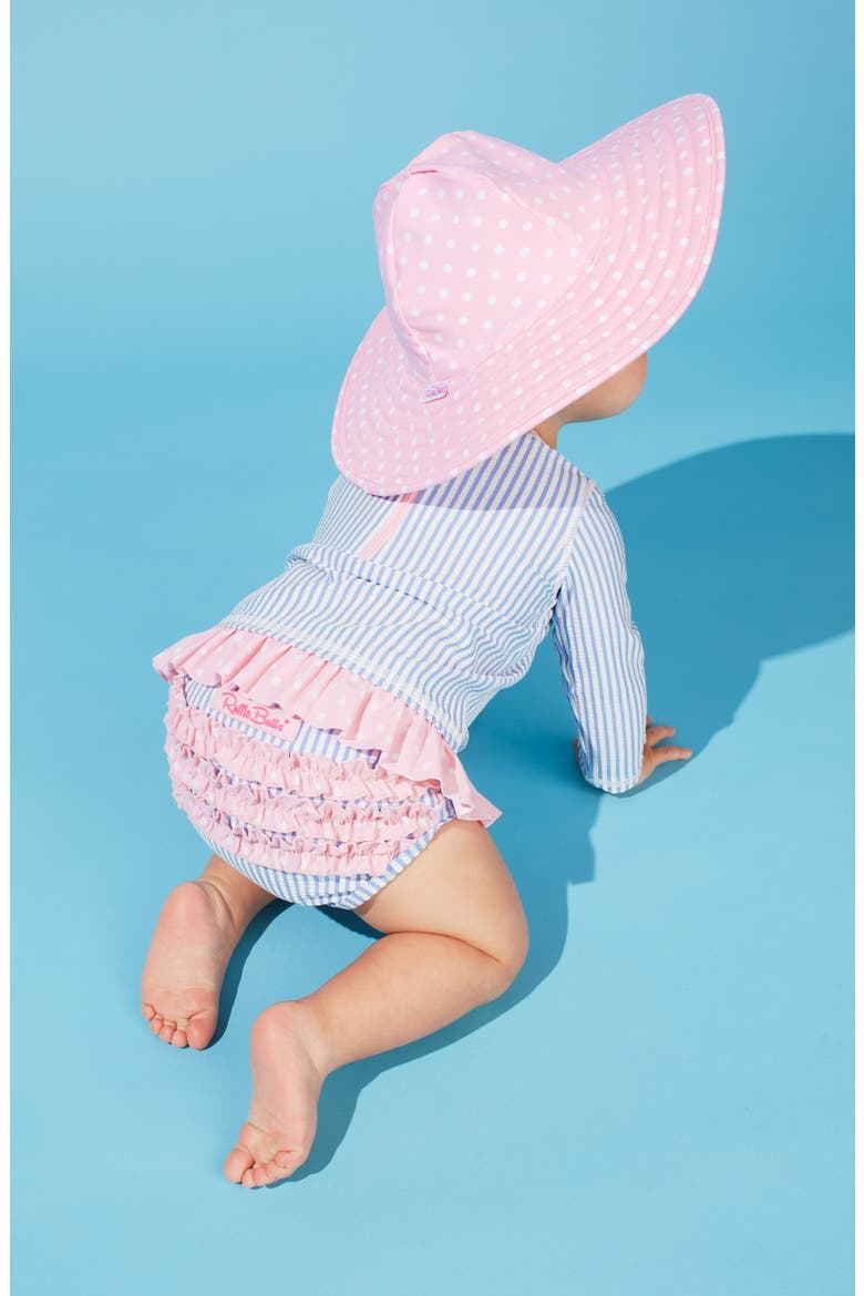 Seersucker Three-Piece Rashguard Swimsuit with Hat, Alternate, color, BLUE
