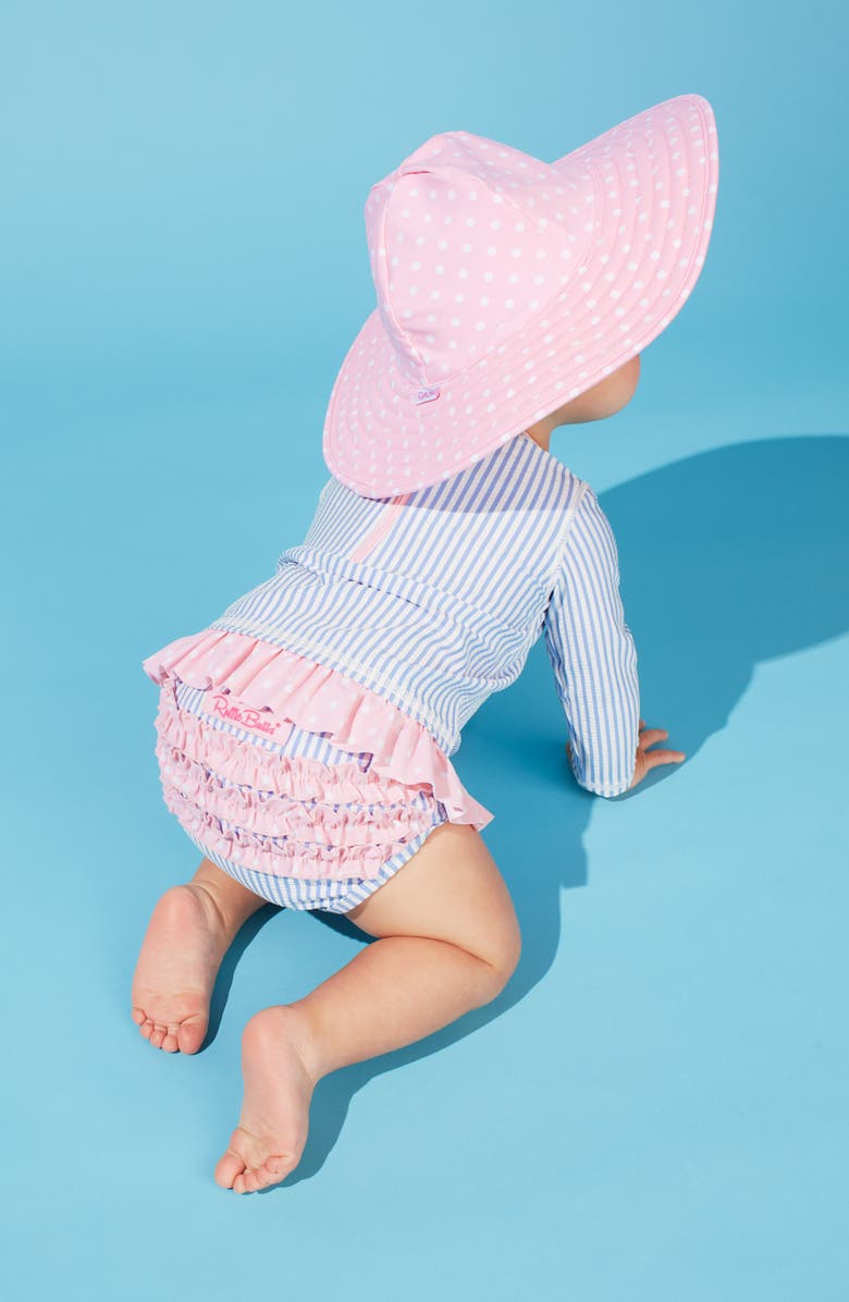 RuffleButts Seersucker Three-Piece Rashguard Swimsuit with Hat, Alternate, color, 