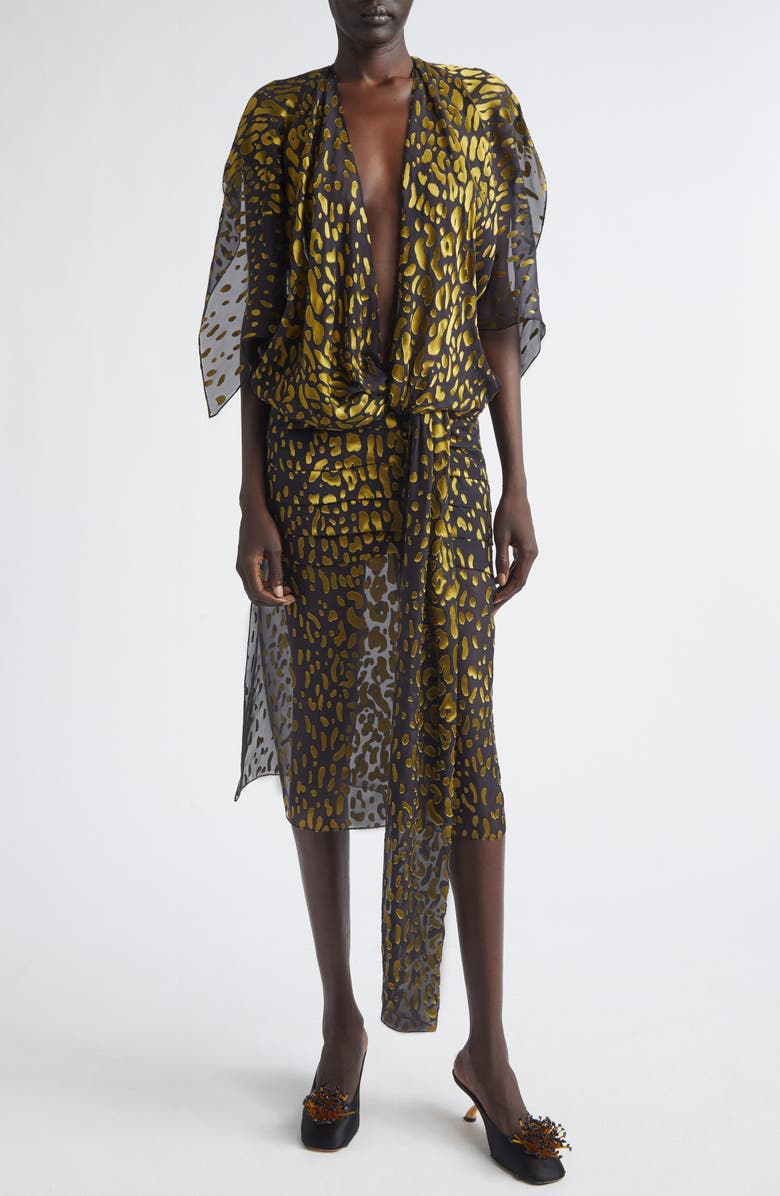 FERRAGAMO Plunge Neck Belted Devoré Silk Blend Georgette Dress, Main, color, Expresso/ Brasswood