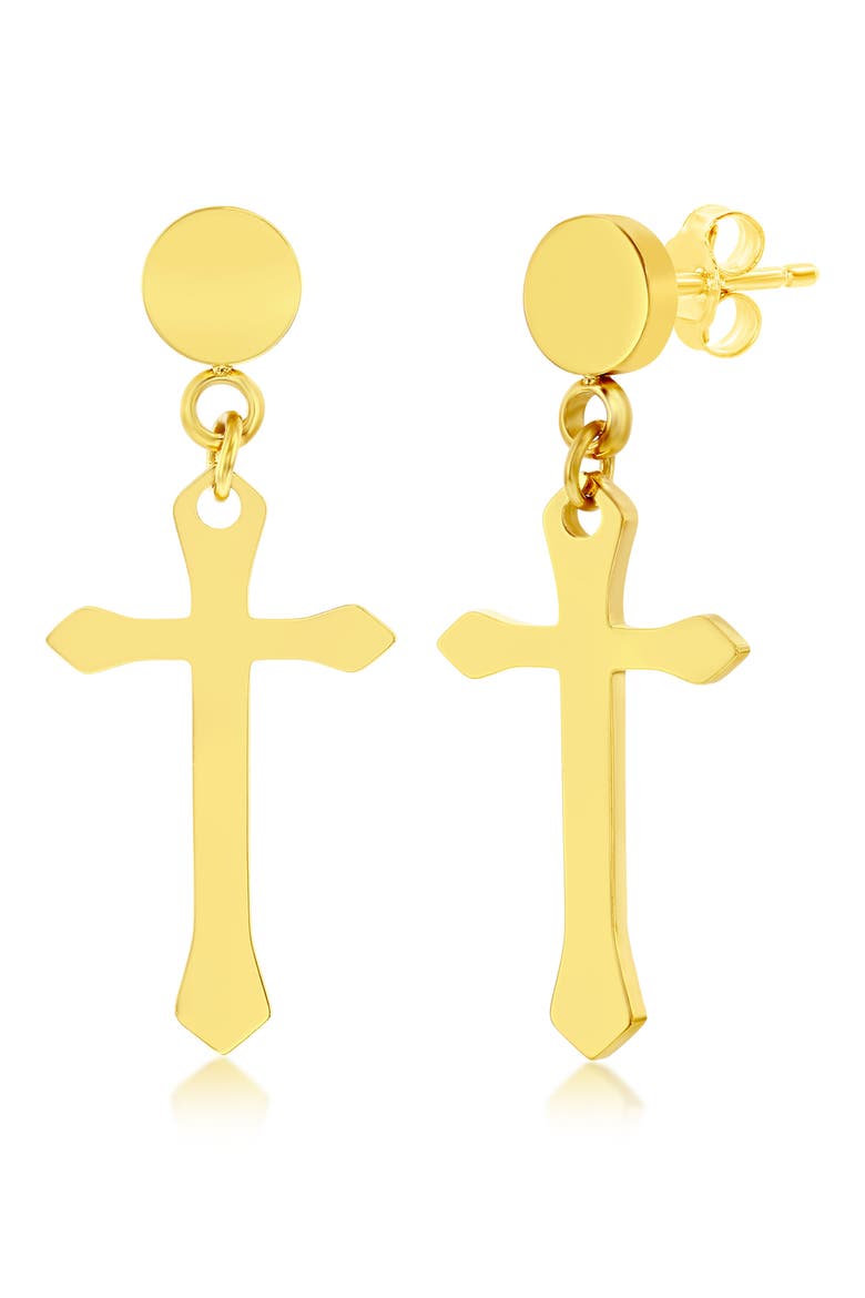 Men's Cross Drop Earrings, Main, color, GOLD