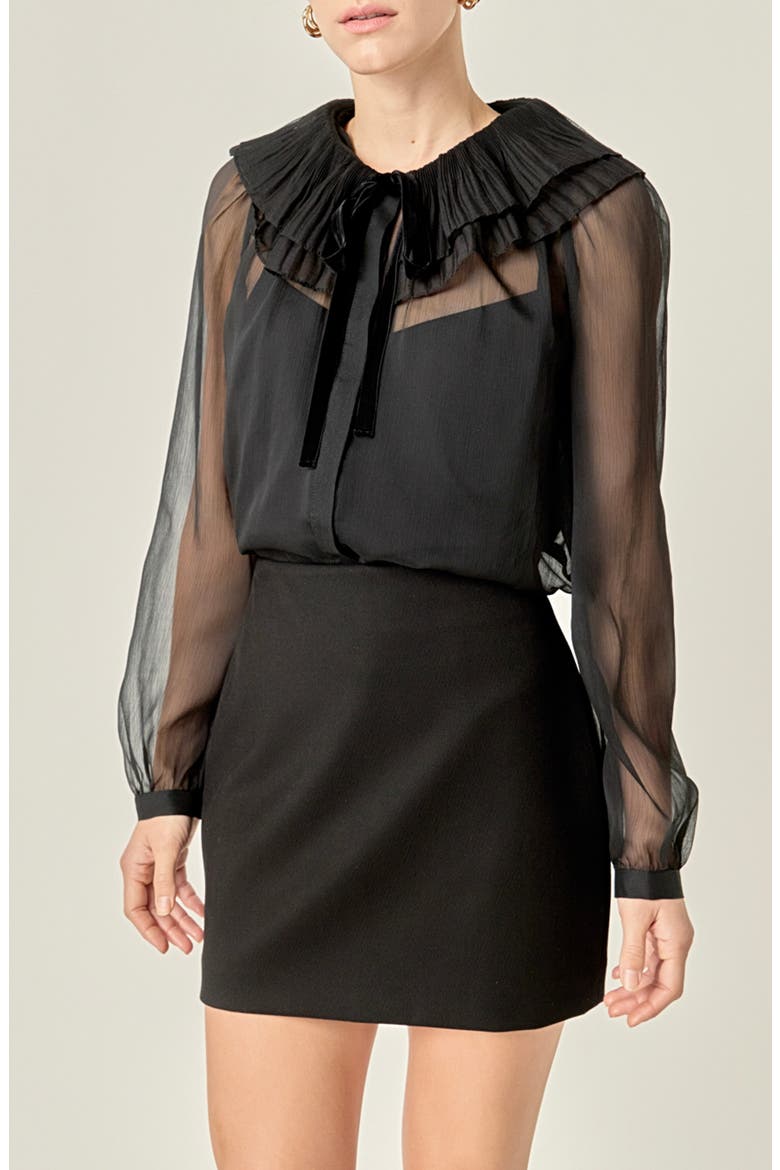 Pleated Collar Chiffon Top, Alternate, color, BLACK