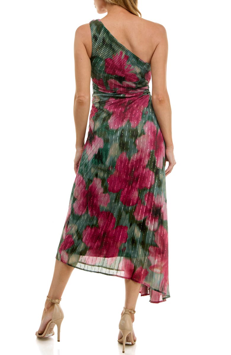 Socialite Floral Metallic Stripe One-Shoulder Pleated Dress, Alternate, color, Olive/ Magenta
