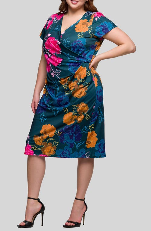 24seven Comfort Apparel Plus Size Knee Length Short Sleeve Faux Wrap Dress In Green Multi