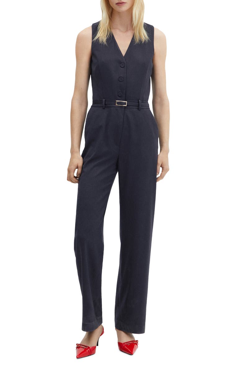 MANGO Pinstripe Belted Button Front Jumpsuit, Main, color, 