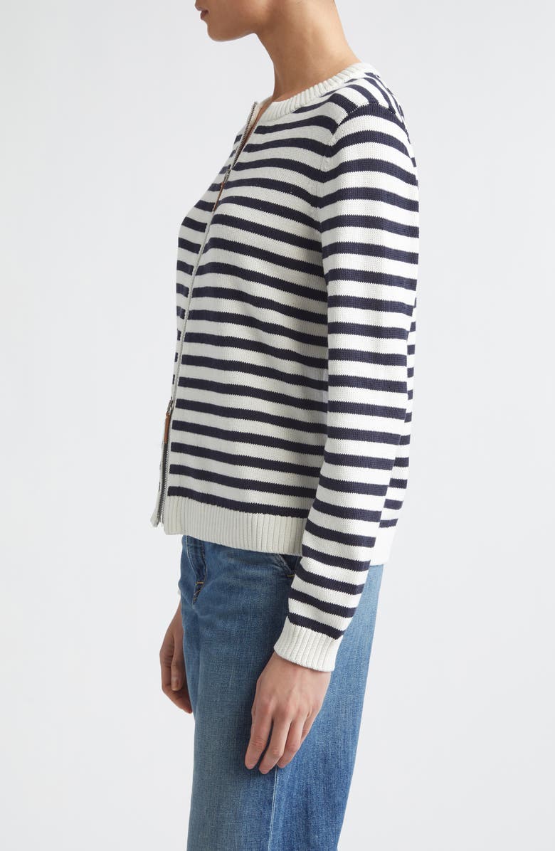 Lafayette 148 New York Stripe Cotton & Silk Zip Cardigan, Alternate, color, Cloud/ Ink