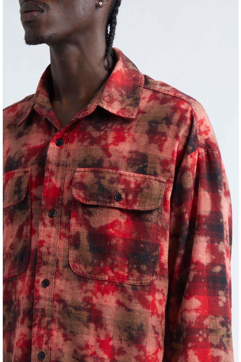 Curved Logo Plaid Button-Up Shirt, Alternate, color, RED OFF WHITE