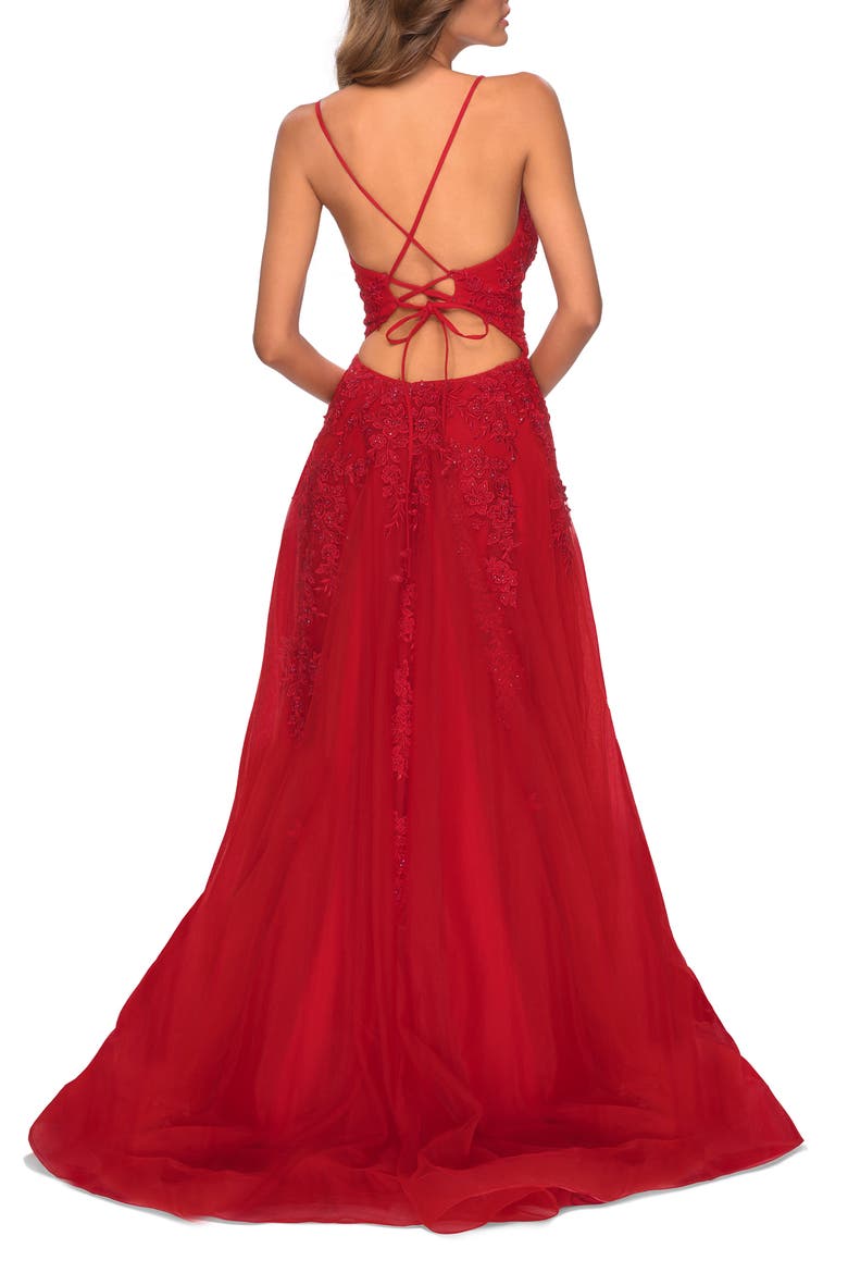 Tulle Prom Dress with Floral Detail and Side Slit, Alternate, color, Red