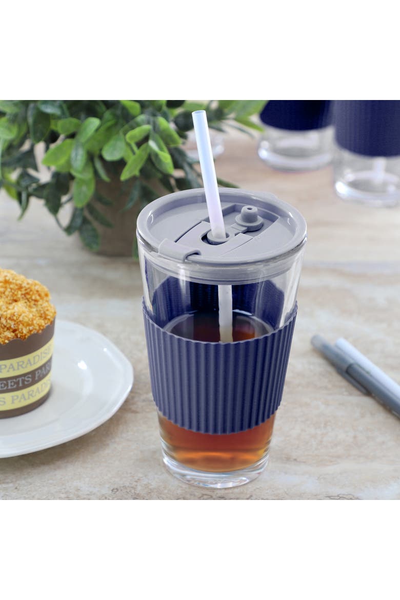 Sip Savvy 4 Piece 15 Ounce Silicone Sleeve Glass Cup Set w/ Lid and Straw, Alternate, color, Blue
