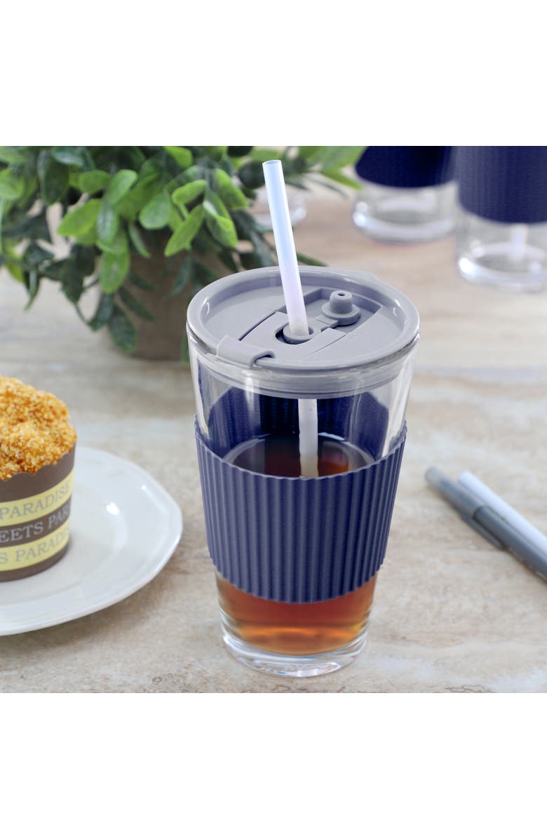 Mr. Coffee Sip Savvy 4 Piece 15 Ounce Silicone Sleeve Glass Cup Set w/ Lid and Straw, Alternate, color, Blue