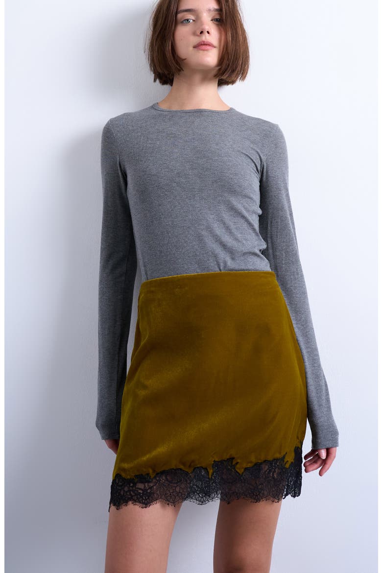 Velvet Lace Trim Miniskirt, Alternate, color, KHAKI GREEN