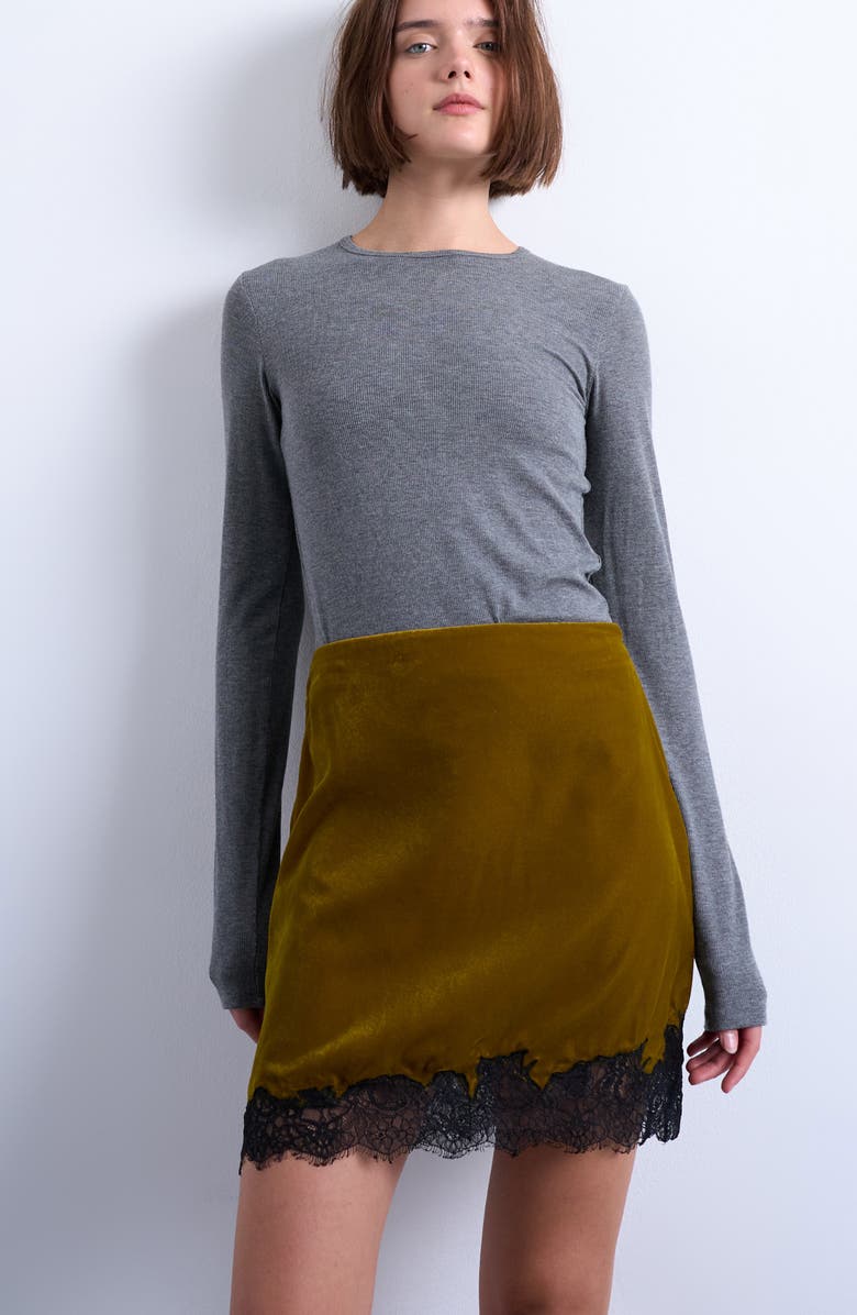 Topshop Velvet Lace Trim Miniskirt, Alternate, color, Khaki Green