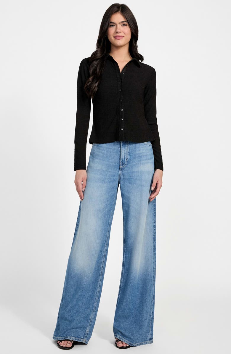 GUESS Tessa Floral Smocked Button-Up Shirt, Alternate, color, Jet Black