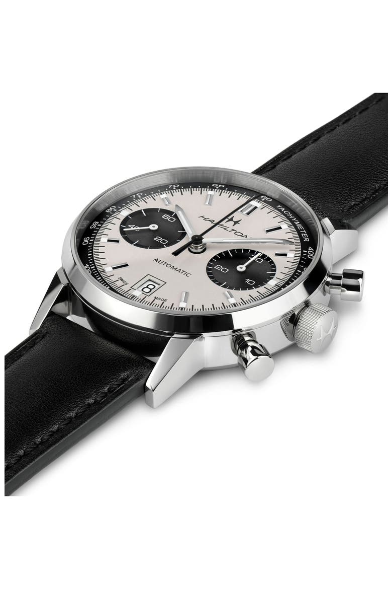 American Classic Intra-Matic Automatic Chronograph Leather Strap Watch, 40mm, Alternate, color, WHITE