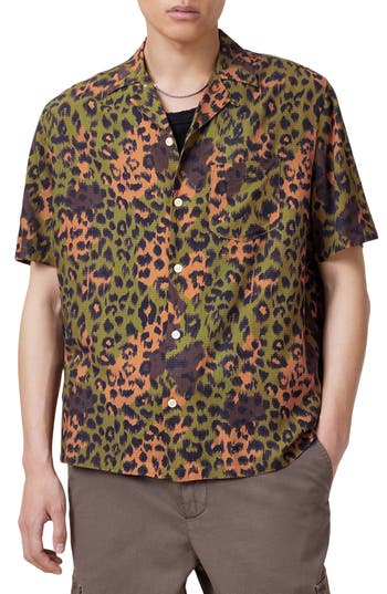 Allsaints Styx Leopard Print Ripstop Camp Shirt In Green