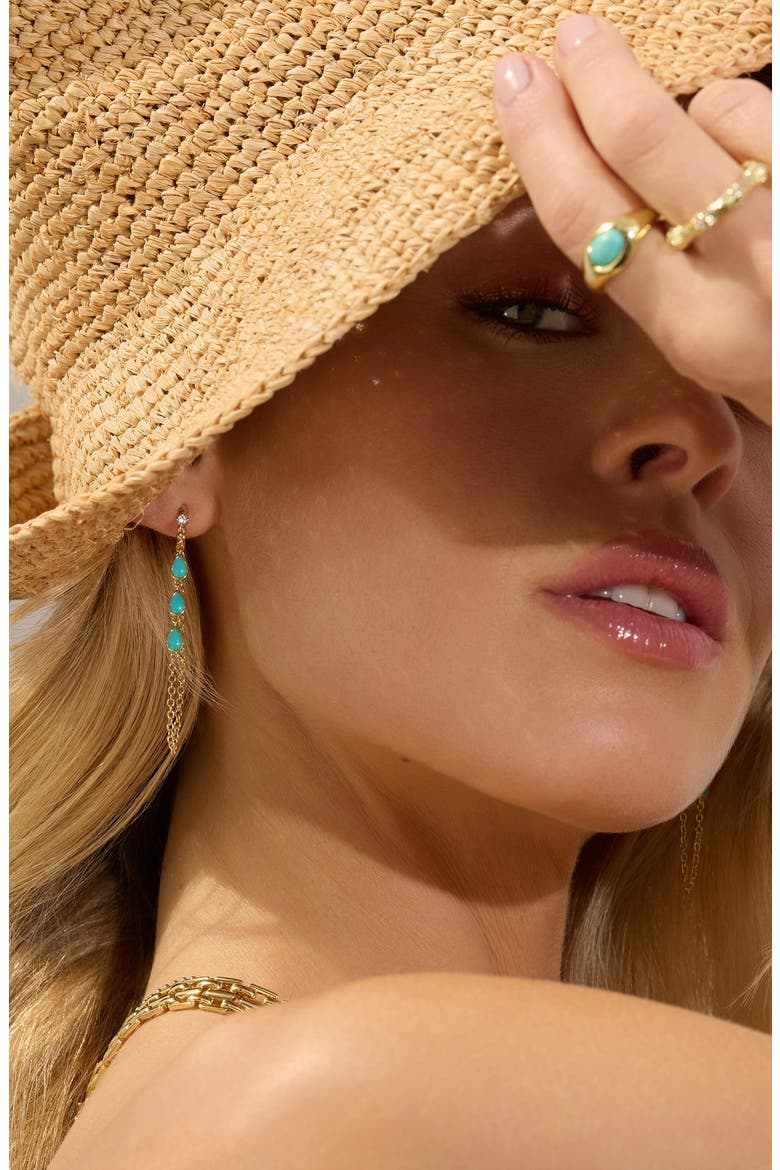 Cubic Zirconia and Turquoise Chain Drop Earrings, Alternate, color, GOLD