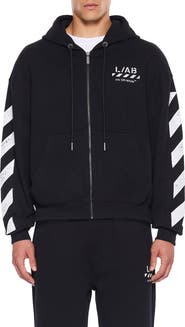 L/AB OFF-WHITE Diagonal Stripe Logo Cotton French Terry Zip Graphic Hoodie