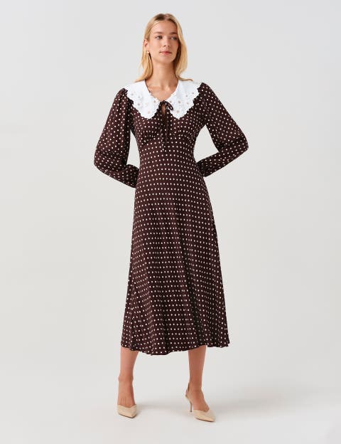 Contrast Collar Crepe Midi Dress