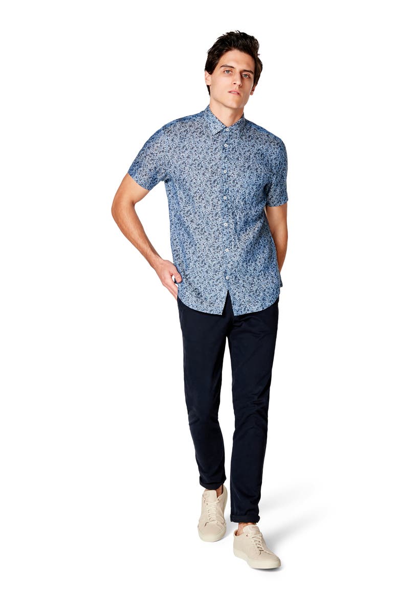 On Point Slim Fit Floral Short Sleeve Linen Button-Up Shirt, Alternate, color, BLUE TOPAZ DAISY PLAY