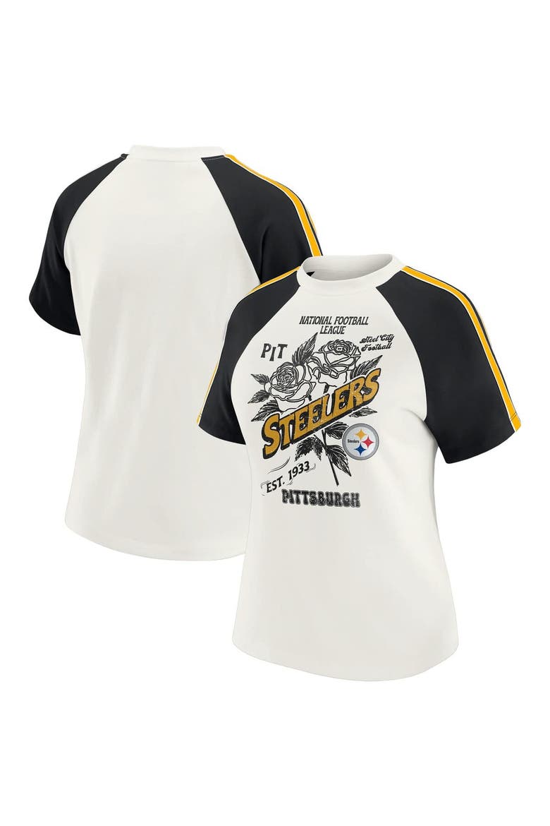Women's WEAR by Erin Andrews White Pittsburgh Steelers Sleeve Stripe Distressed Raglan T-Shirt, Main, color, White