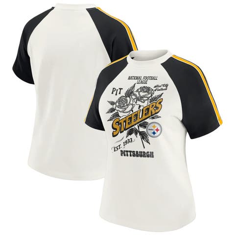 Women's WEAR by Erin Andrews White Pittsburgh Steelers Sleeve Stripe Distressed Raglan T-Shirt