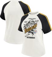 WEAR by Erin Andrews Women's WEAR by Erin Andrews White Pittsburgh Steelers Sleeve Stripe Distressed Raglan T-Shirt