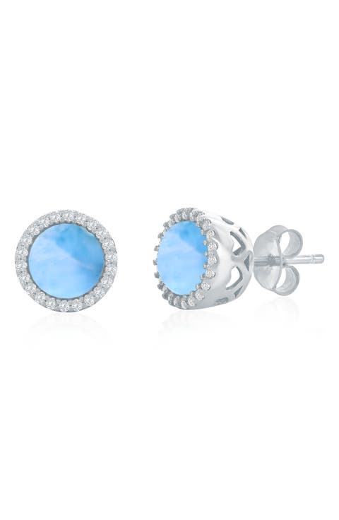 Sterling Silver Round Larimar & Cubic Zirconia Halo Stud Earrings