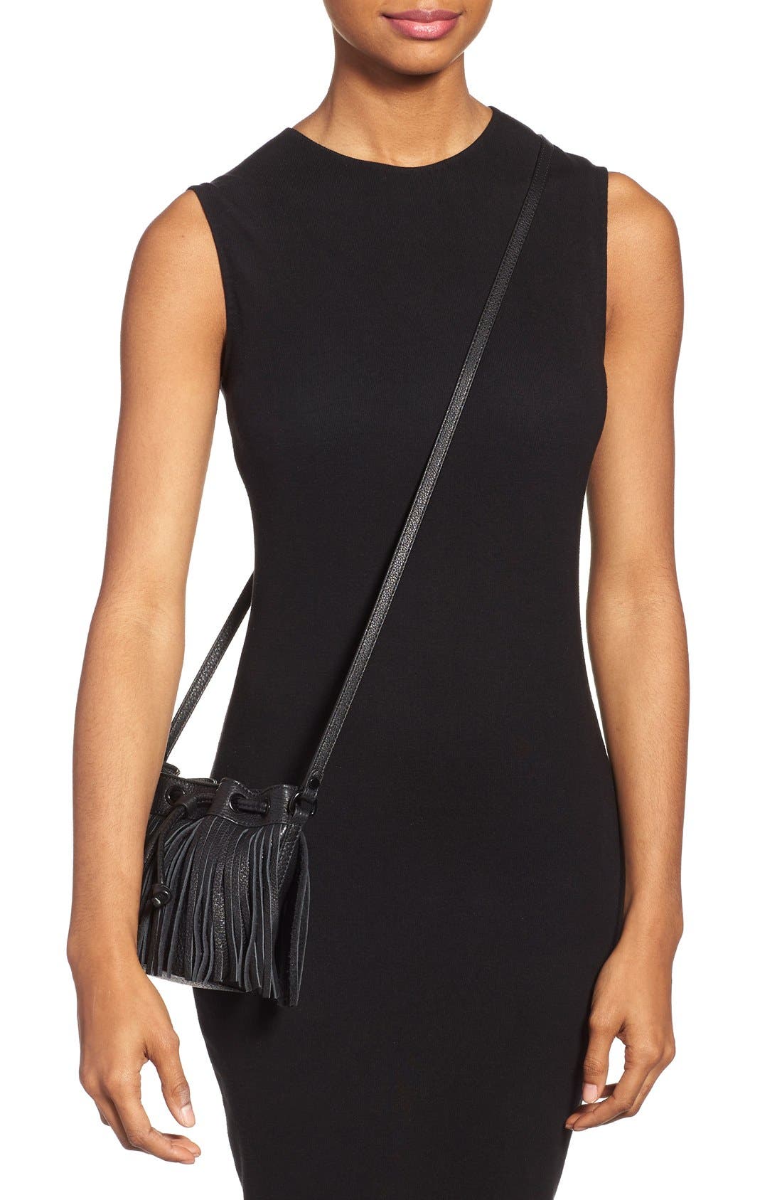 'Micro Lexi' Fringe Bucket Bag, Alternate, color, BLACK/ BLACK