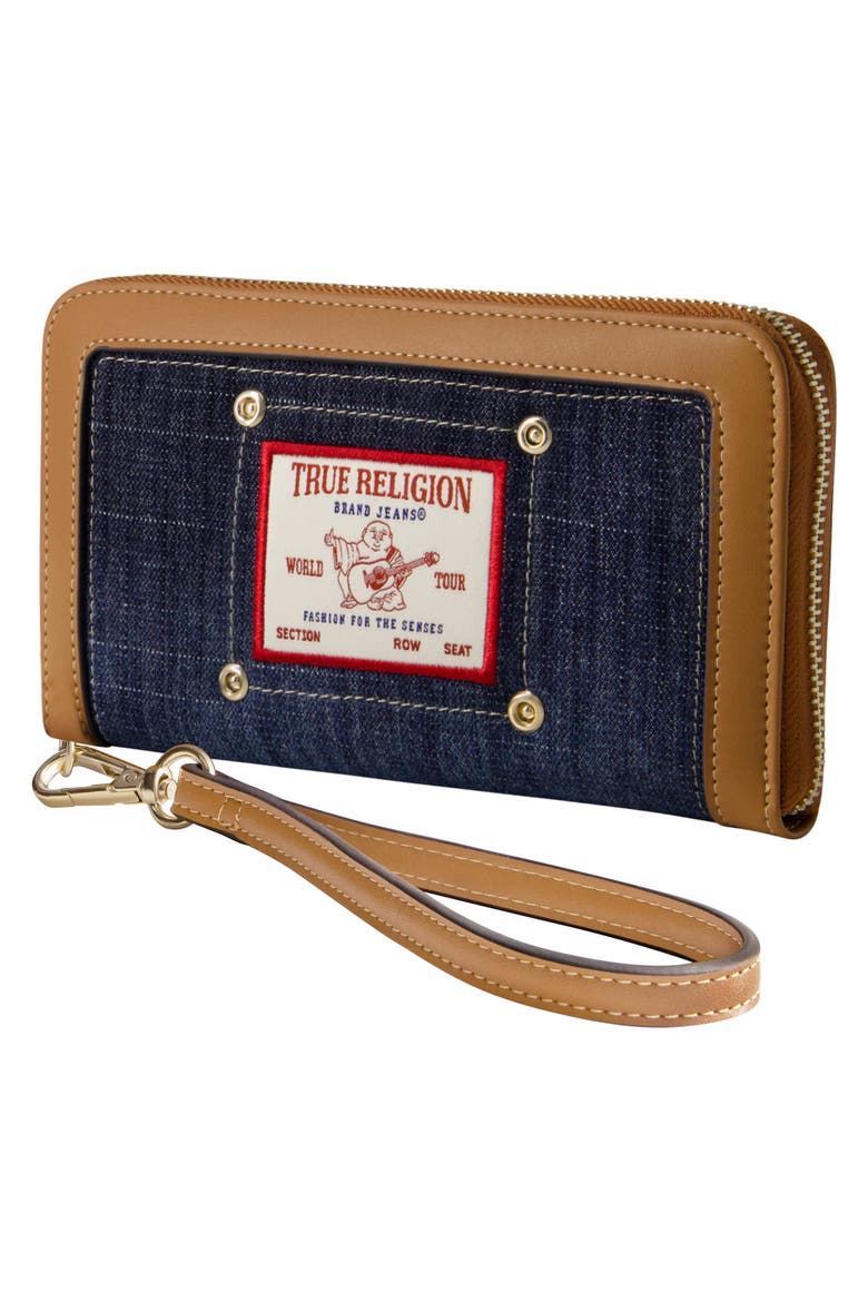 Buddha Patch Zip Around Wristlet, Alternate, color, DARK DENIM