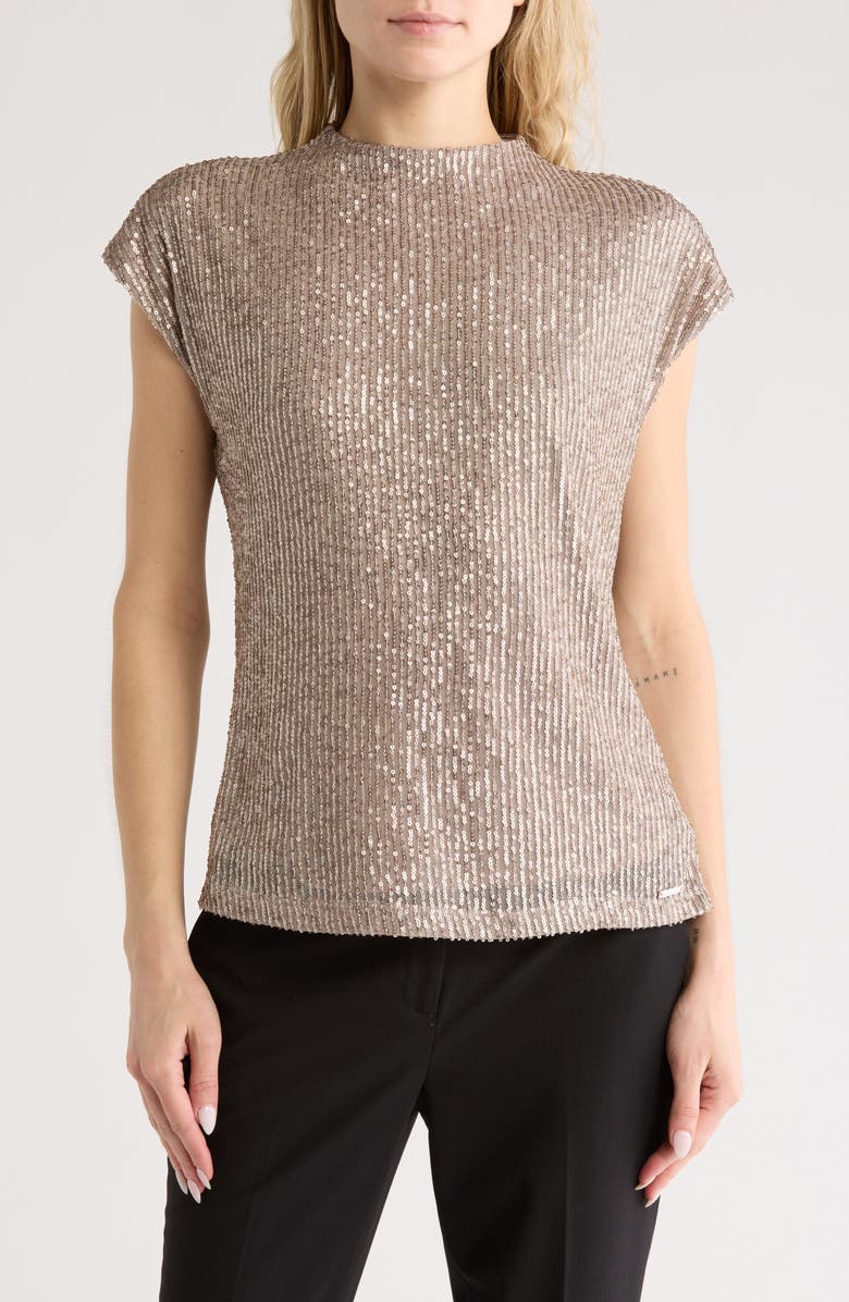 Calvin Klein Sequin Cap Sleeve Top, Main, color, Oyster/ Silver