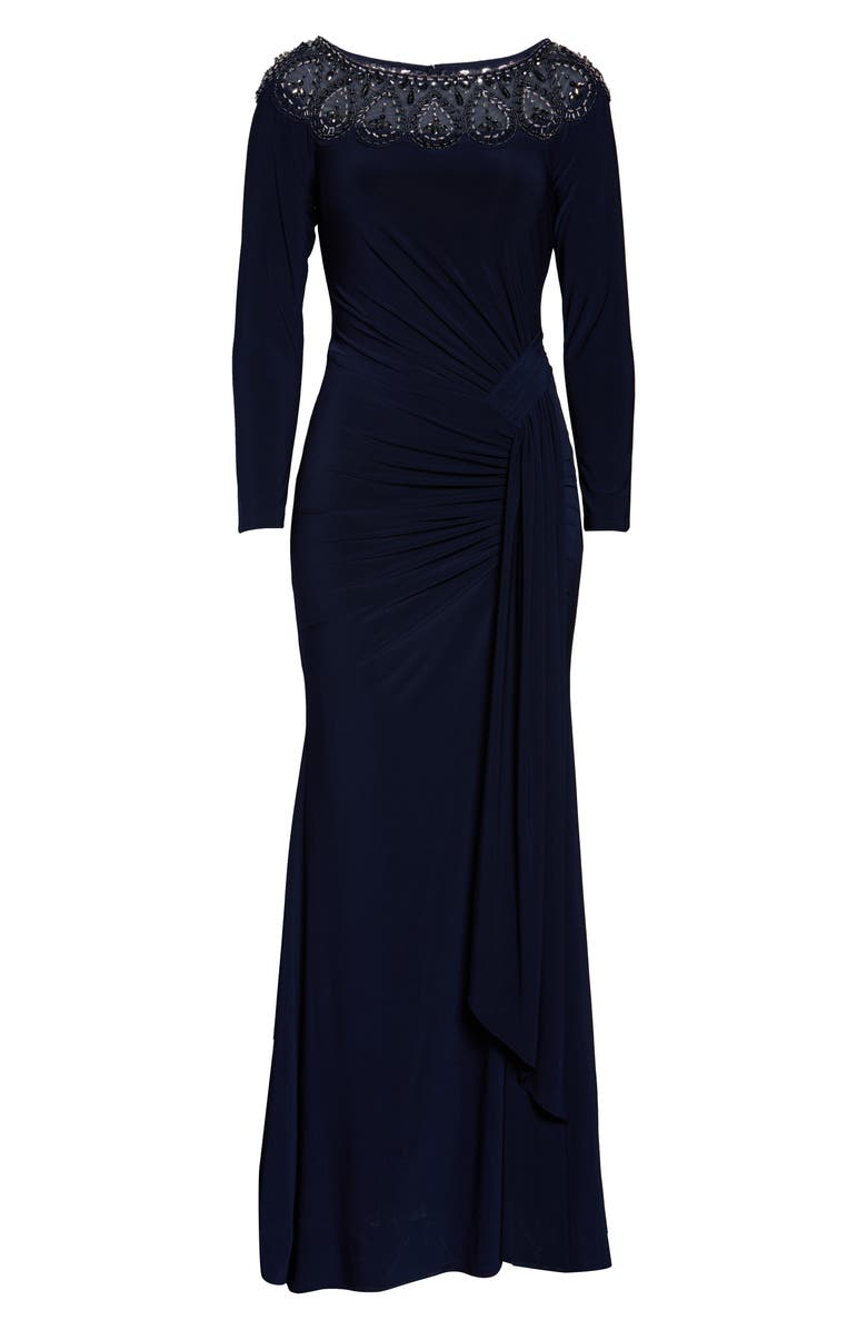 Xscape Evenings Xscape Beaded Neck Long Sleeve Ruched Jersey Gown, Alternate, color,