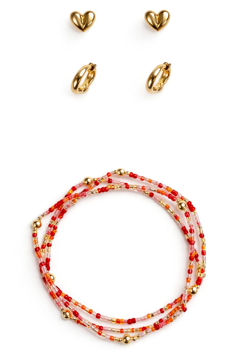 Heart Stud, Huggie Hoop Earrings & Beaded Stretch Bracelets Set, Alternate, color, PINK
