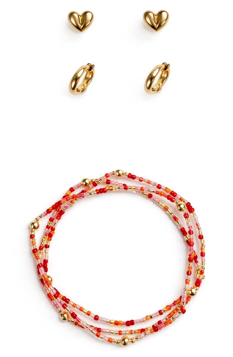 Panacea Heart Stud, Huggie Hoop Earrings & Beaded Stretch Bracelets Set, Alternate, color, Pink